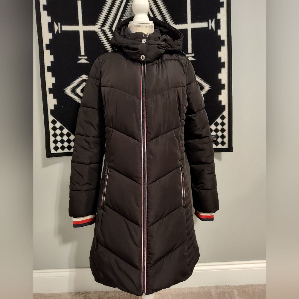 Tommy Hilfiger Black Puffer Coat with Red and White Accents
